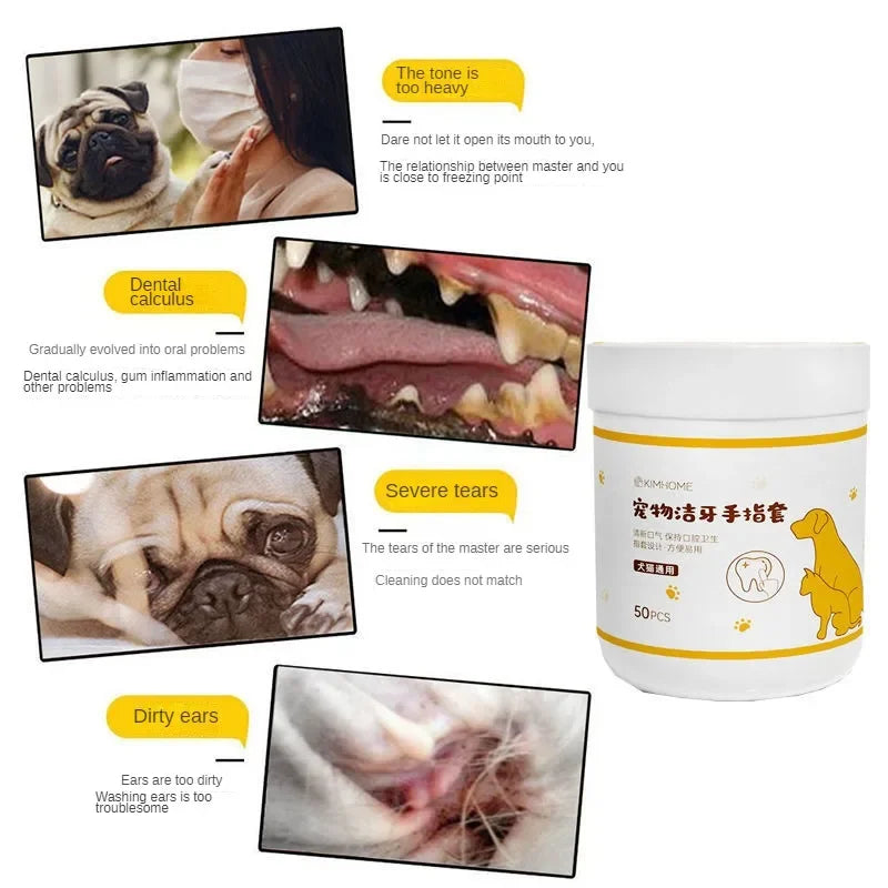 Pet Hygiene Wipes for Teeth, Ears, & Eyes, 50pcs
